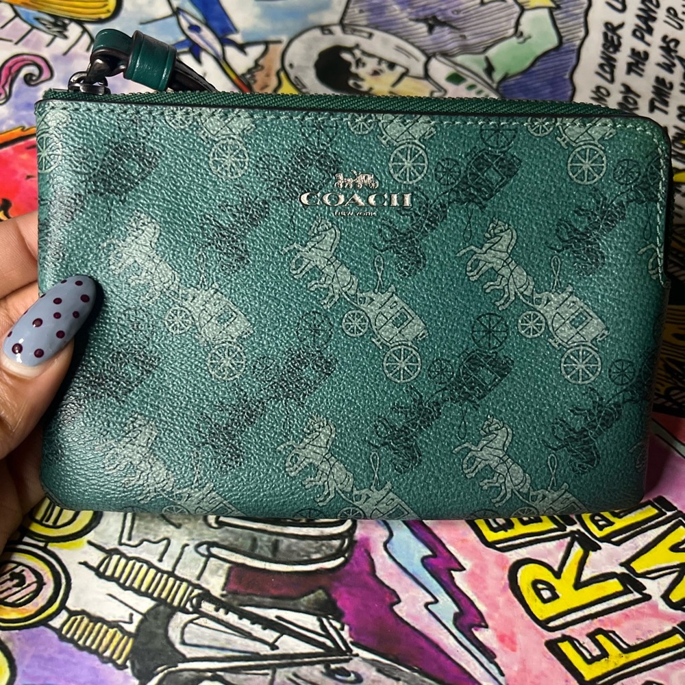 Coach Teal Wristlet with Carriage Print